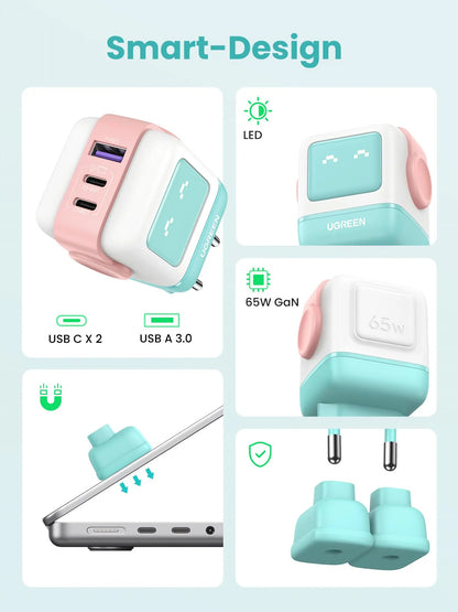 UGREEN CD361 Uno GaN mrežni punjač 65W (2x USB-C + 1x USB-A) tirkizni